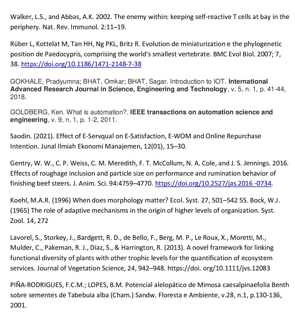 Arquivo Word (.docx) contendo uma lista de referências separadas uma por parágrafo, sem quebra de linha dentro das mesmas